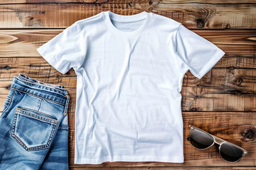 Poster -  T Shirt mockup on white wood background shirt template