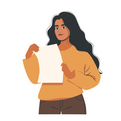 woman holding blank paper, long black hair, confident expression, yellow top. female presenting empt