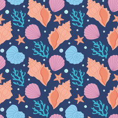 Naklejka na meble Seamless pattern with shells and seaweed, vector illustration. Marine summer background with shells. Trendy pattern in flat style, design for wrapping paper, wallpaper, stickers, notebook cover.