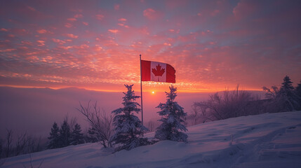 canadian flag in winter snowy mountains between two Christmas trees at sunset