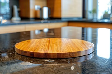 Round empty wooden cutting board on modern kitchen countertop.