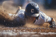 A baseball player sliding into a base. Concept of action and intensity, as the player is in the midst of a crucial moment in the game