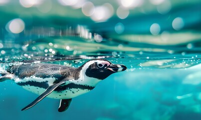 Wall Mural - penguin swimming underwater during the daytime in a bright turquise sea, Generative AI 