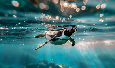 penguin swimming underwater during the daytime in a bright turquise sea, Generative AI 