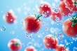 tomatoes and water droplets in mid-air, showcasing a vibrant and dynamic interaction between produce and liquid