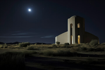 a solitary building under a starry night sky, offering a serene and peaceful landscape