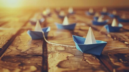 Blue Paper Boat Leading A Fleet Of Small White Boats On Wooden Table With Vintage Effect - Leadership Concept hyper realistic 