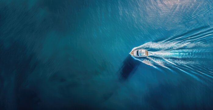 Electric blue boat floating on dark water from aerial view