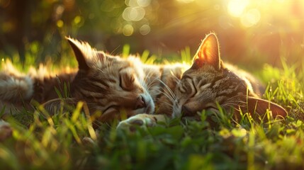 Wall Mural - Closeup of a dog and a cat sleeping chilling relaxing together on a fresh green spring or summer meadow, illuminated by the sun. Generative Ai. hyper realistic 