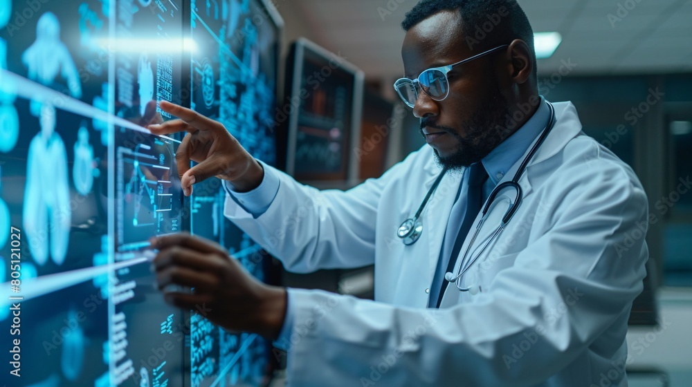 Black engineer at a digital whiteboard, developing AI algorithms for ...