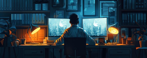 AI programmer dealing with ethical dilemmas alone in a dark office, illustrating the moral complexities and weighty decisions in tech roles