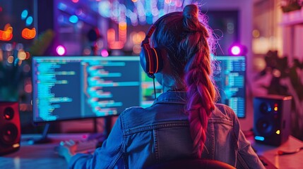 cybersecurity professional debugging code on a three-screen setup, the workspace illuminated by neon