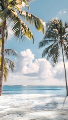 Wall Mural - Beautiful marble table top with a blurred beach and palm trees background for product display montage
