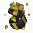 3d vector cartoon render floating black present gift closed box with gold star. Celebration, anniversary, greeting festive present surprise decoration element.