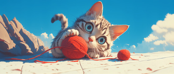 A kitten playing with a red ball of yarn on blue sky background, cute animal cartoon