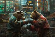 An intense illustration of a bull and bear dressed as boxers, engaged in combat amidst a backdrop of stock market screens.