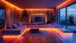 modern living room with neon accents, minimalist sofa as centerpiece