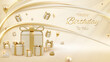 Elegant Golden Birthday Celebration with Gifts and Balloons, Luxury Background.