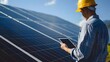 A man wearing a hard hat and holding a tablet stands in front of solar panels