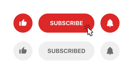 Aufkleber - Subscribe button Bell, notification icon button and hand cursor click. Red button subscribe to channel social media, marketing, blog. Vector illustration for website, mobile app, UI UX. EPS 10