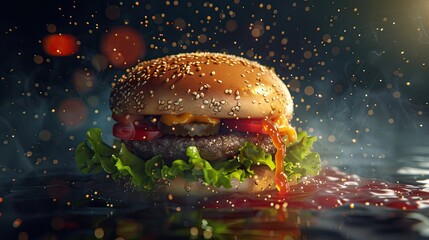 Sticker - burger close-up on a dark background