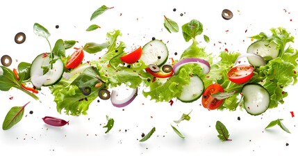 Wall Mural - Fresh salad ingredients suspended in air on a white background. Vibrant, healthy food concept. Perfect for culinary designs. AI