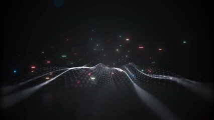 Fototapete - Digital technology concept data wave flow polygons connecting dots lines on a dark black background. Internet of things