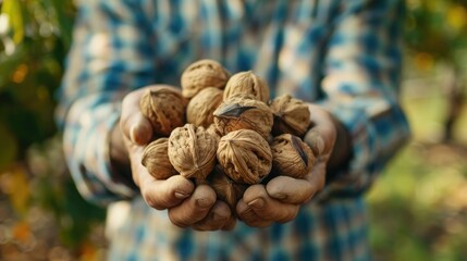 Poster - walnuts in the hands of a man. selective focus