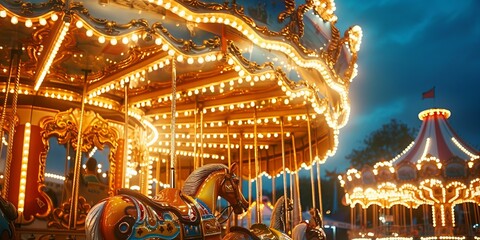 A carousel with a horse on it is lit up at night