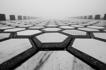A grayscale composition featuring hexagonal paving stones arranged in a geometric pattern on a mist-covered, urban sidewalk