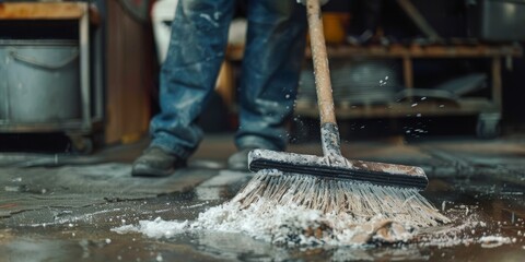 A man is sweeping a floor with a broom