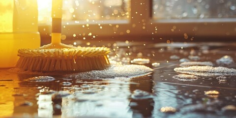 Wall Mural - A yellow and white cleaning brush is sitting on a wet floor