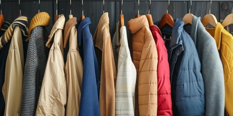 A row of coats hanging on a rack, including a yellow one