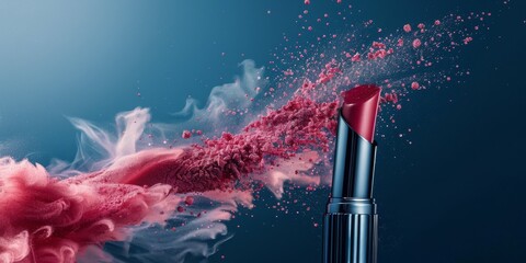 Poster - A red lipstick is shown in a spray of pink powder