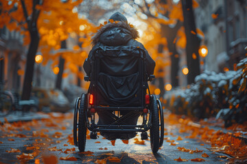 Poster - A determined individual navigating the world with the aid of a mobility aid, overcoming physical barriers with resilience. Concept of adaptive mobility. Generative Ai.