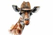 A close-up, high-detail watercolor graphic of a giraffe donning a cowboy hat, demonstrating intricate textures and patterns. This imaginative artwork, with its showcases the whimsical fusion of
