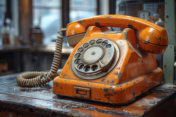 Sticker - A classic rotary phone sitting on a retro desk, representing the communication devices of the 1960s. Concept of nostalgic telephone technology. Generative Ai.