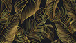 Tropical leaf pattern design, luxury nature background with golden banana leaves, hand-drawn outline design for fabric, print, cover, banner, invitation - illustration.