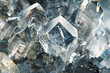 Hexagonal crystals shimmering against a smooth, silver-gray backdrop, evoking a sense of cosmic wonder and exploration