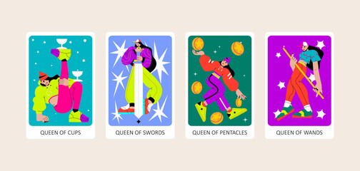 Wall Mural - Tarot cards flat deck cartoon. Minor Arcana Suit of Queen of Cups, Swords, Pentacles and Wands Tarot Cards.