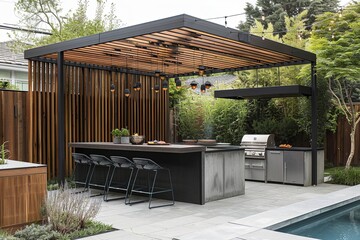 modern outdoor kitchen with grill, table and bar in the backyard of an urban home with wooden slats on one wall