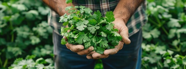 Poster - cilantro in the hands of a man. selective focus
