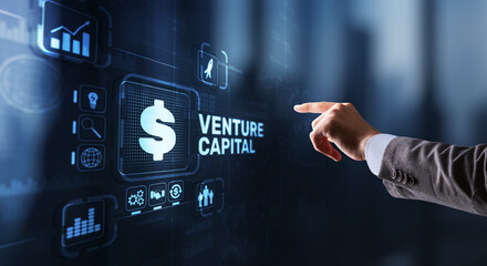 Wall Mural - Venture capital. Investor capital. Businessman pressing virtual screen inscription