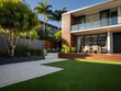 Urban Oasis Down Under, Front Lawn of Australian Home with Artificial Turf and Timber Borders.