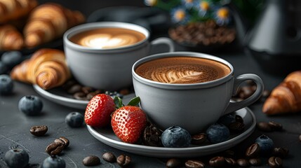 Poster - AI generated illustration of two cups of coffee, croissants, and fresh strawberries on a table