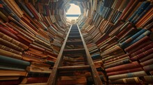 A Wooden Ladder Leads Up Through A Hole In The Ceiling Of A Library. The Walls Are Lined With Bookshelves, Filled With Books Of All Different Colors And Sizes