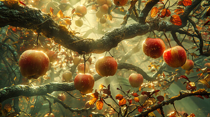 Wall Mural - Apple Orchard in Autumn, Branches Laden with Ripe Red Apples, Fresh and Juicy Harvest Scene