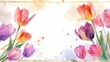 This exquisite watercolor painting showcases a vivid arrangement of tulips set against a pristine white background, enhanced by a thin gold metallic frame. The vibrant colors and delicate details
