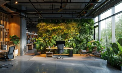 Wall Mural - An eco-friendly office interior designed with biophilic elements, featuring a spacious open-plan workspace with living walls, natural light, and recycled furniture, promoting a healthy