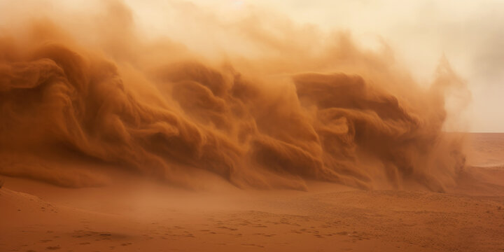 Sandstorm in desert. wind and orange sand clouds. Dunes landscape. Generative AI